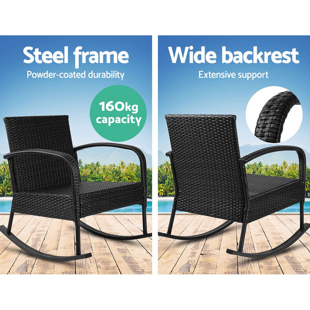Outdoor Furniture Rocking Chair Wicker Garden Patio Lounge Setting Black - Direct On Sale