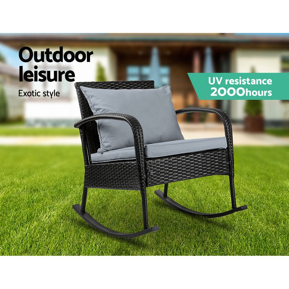 Outdoor Furniture Rocking Chair Wicker Garden Patio Lounge Setting Black - Direct On Sale