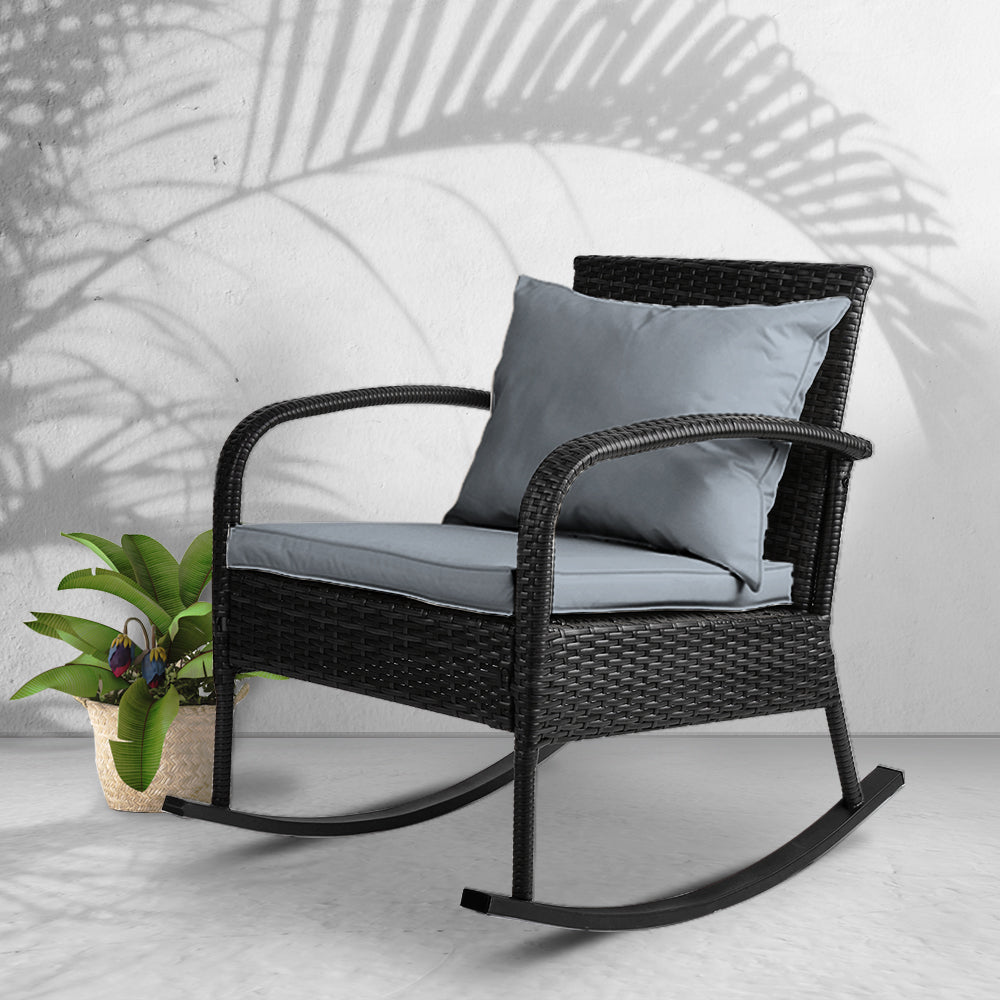 Outdoor Furniture Rocking Chair Wicker Garden Patio Lounge Setting Black - Direct On Sale