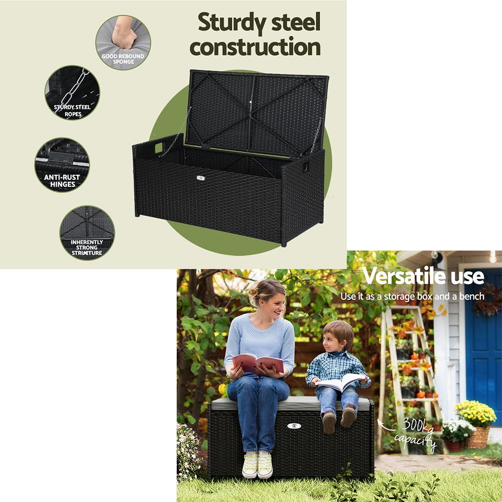 Outdoor Storage Bench Box Wicker Garden Sheds Tools Cushion Patio Furniture Black - Direct On Sale