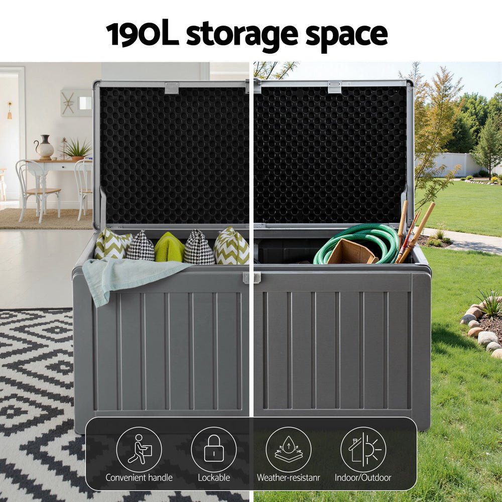 Outdoor Storage Box 190L Container Lockable Garden Bench Tool Shed Black - Direct On Sale