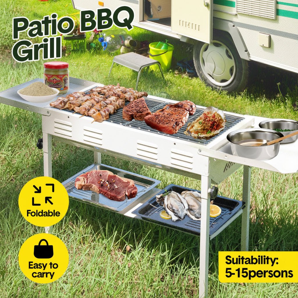 Portable Large Barbecue Charcoal Grill Stove Foldable Kebab Stainless Steel BBQ Grill With 2 Grill Nets 2 Enamel Baking Pans And Tong Outdoor Camping Patio - Direct On Sale