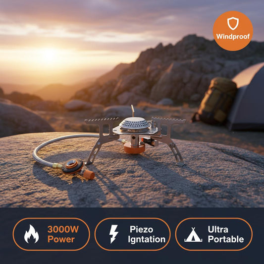 A portable camping stove with a gas hose sits on a rocky mountain surface at sunset, with a tent blurred in the background. Orange callout badges read Windproof, 3000W Power, Piezo Ignition, and Ultra Portable.