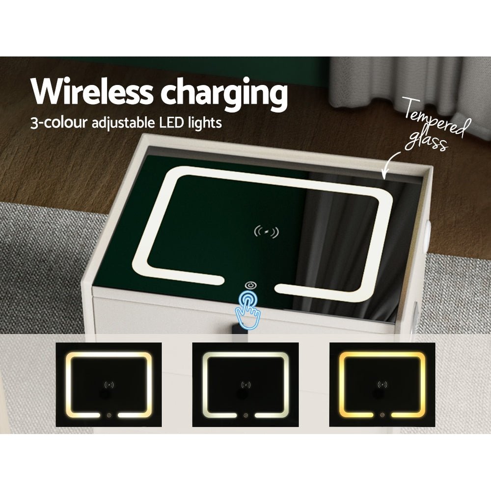Smart Bedside Table 2 Drawers with Wireless Charging Ports LED White AIKA - Direct On Sale