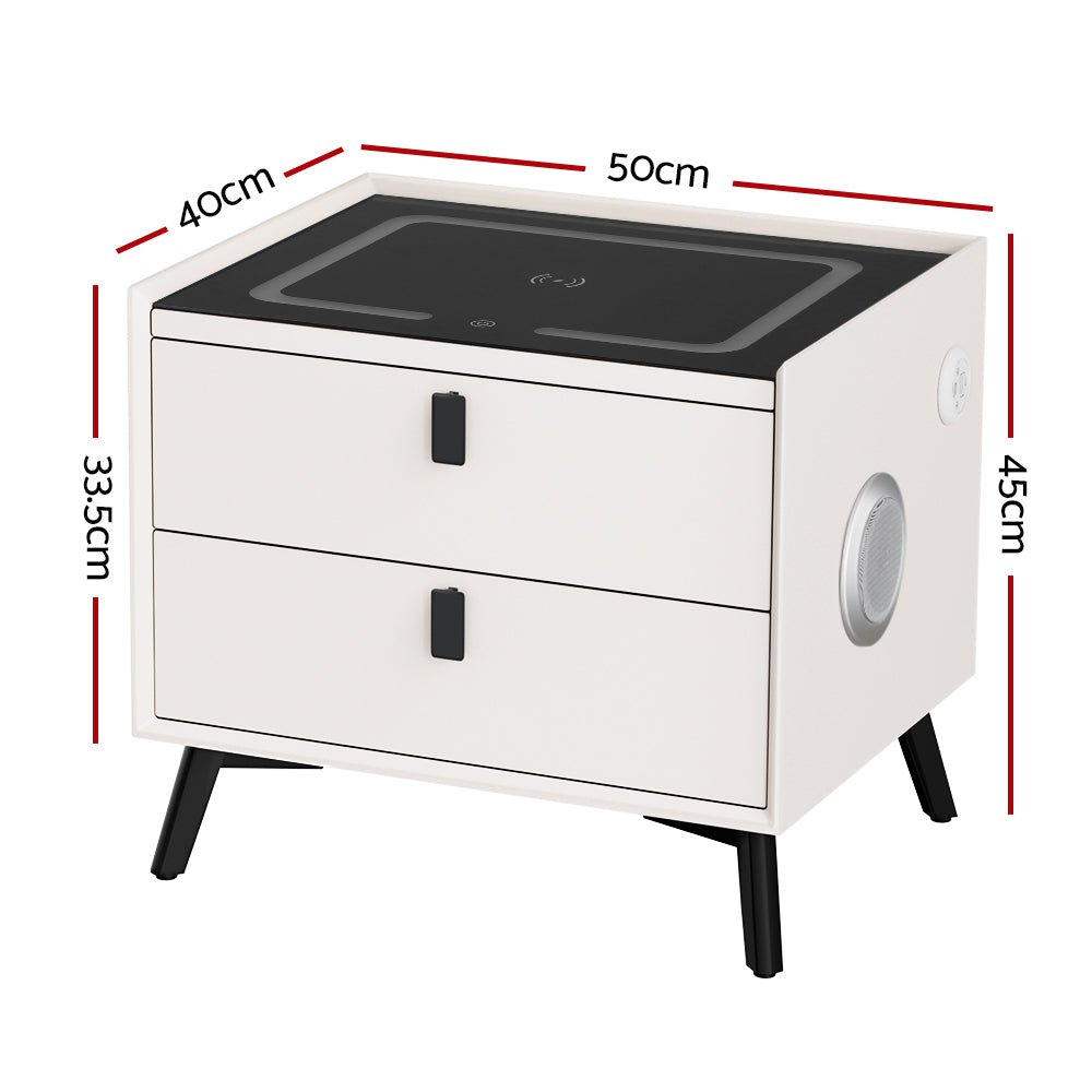 Smart Bedside Table 2 Drawers with Wireless Charging Ports LED White AIKA - Direct On Sale