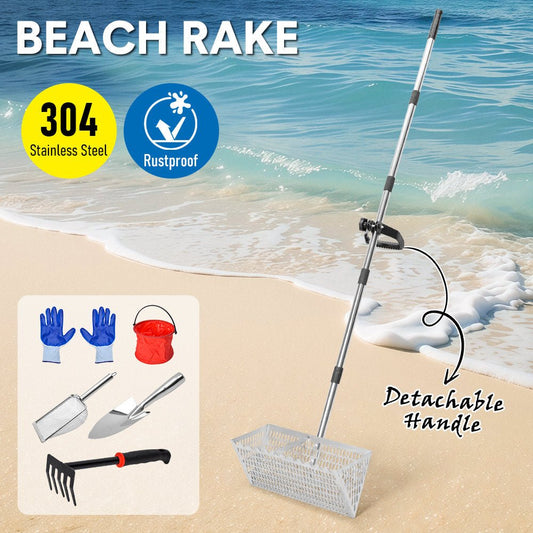 Stainless Steel Beach Rake with Sifter and Tool Kit 140cm Long Detachable Handle - Direct On Sale