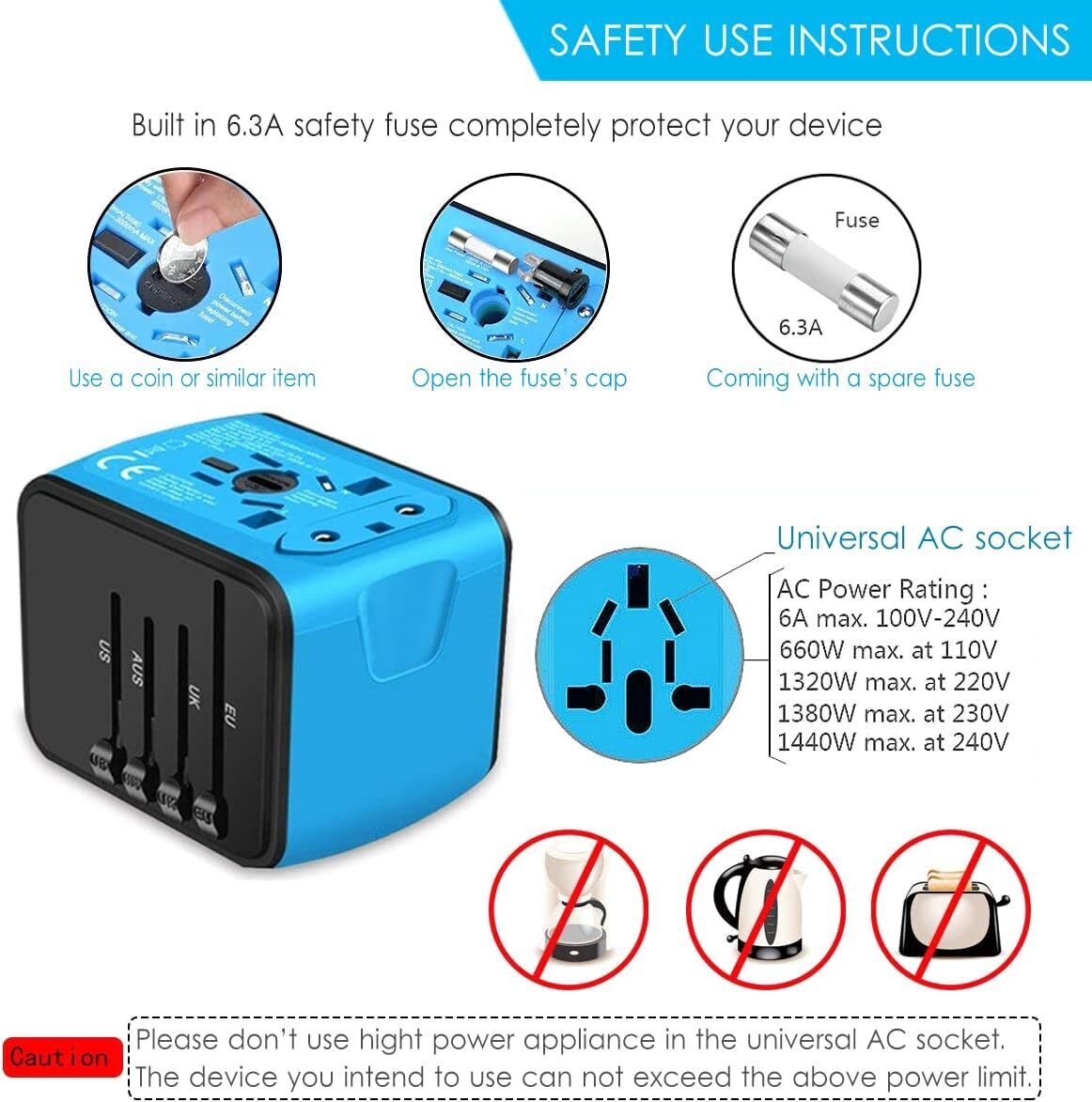 Universal International Travel Adapter - 3 USB Power Adapter + 1 Type C - Direct On Sale