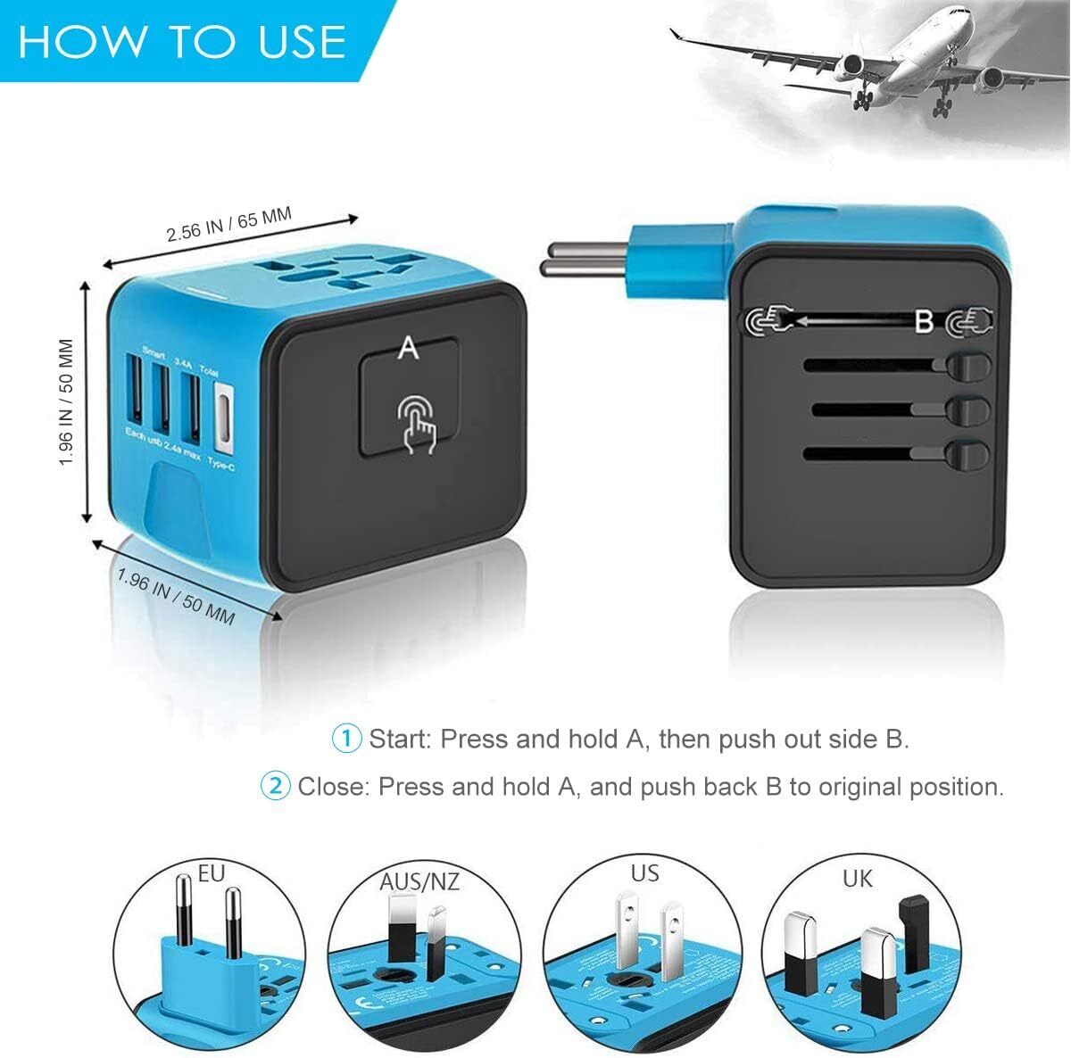 Universal International Travel Adapter - 3 USB Power Adapter + 1 Type C - Direct On Sale