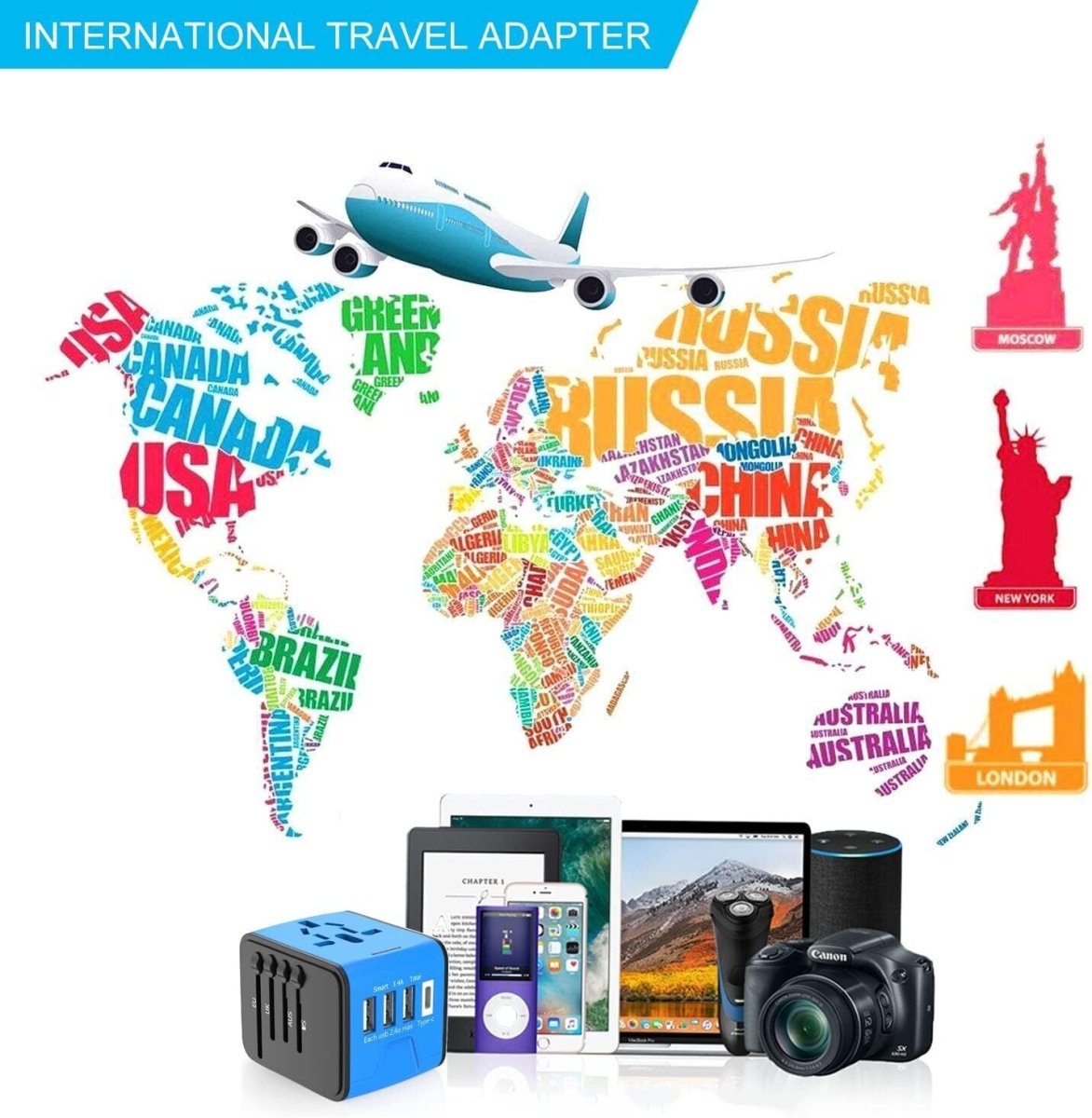 Universal International Travel Adapter - 3 USB Power Adapter + 1 Type C - Direct On Sale