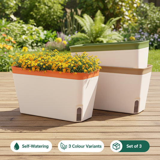 Set of 3 self-watering rectangular window sill planters in brown, green and orange