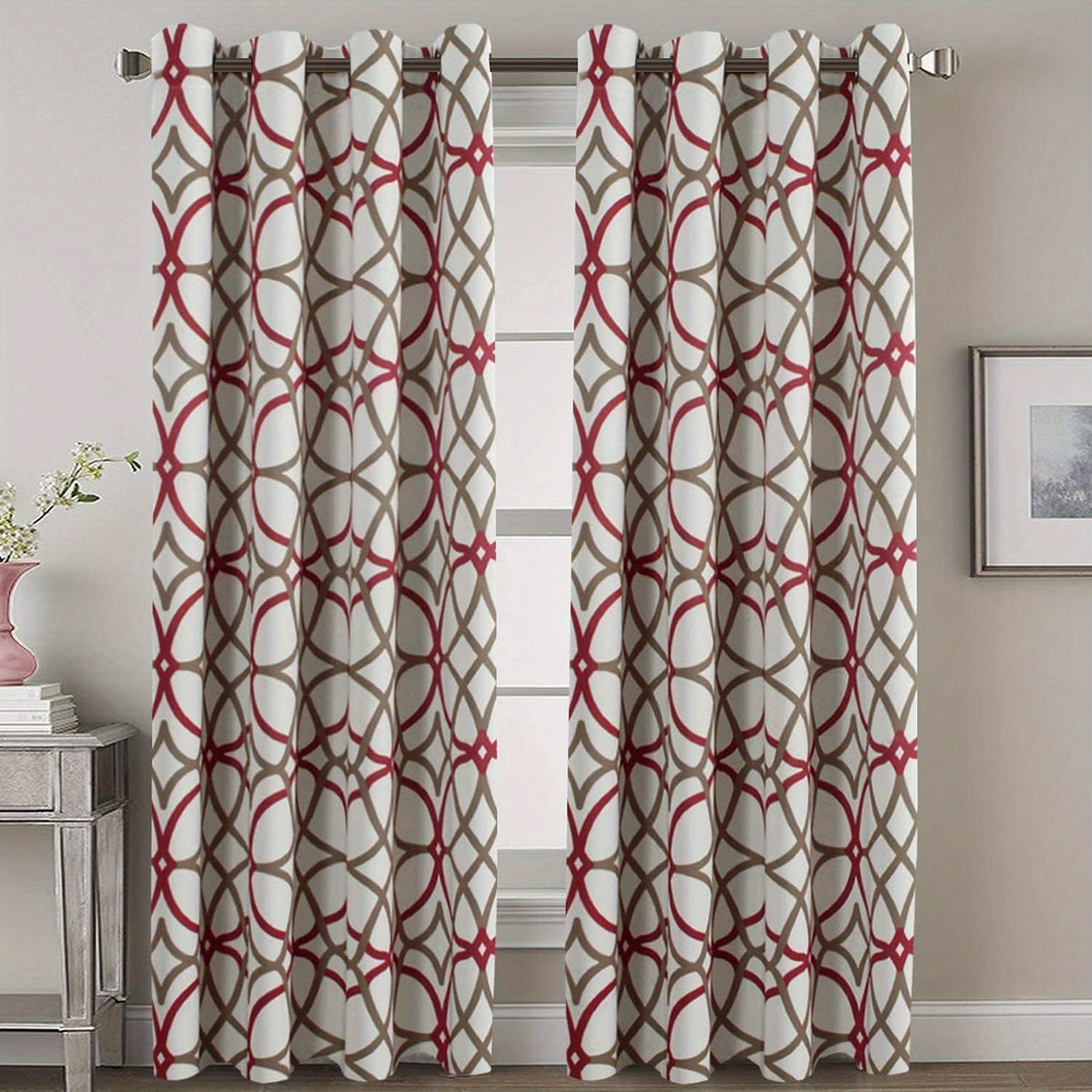Birds on taupe curtain pattern