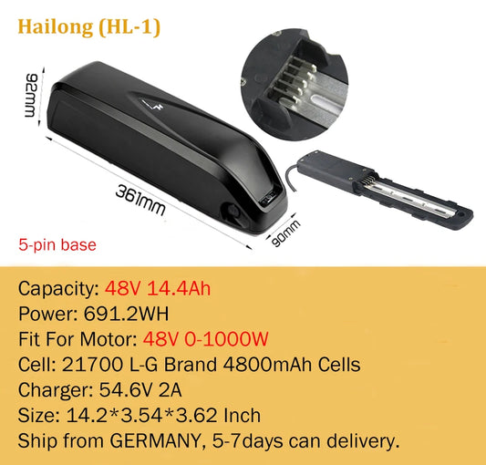 Ebike Battery Hailong Polly36V 48V 52V 20Ah 24Ah 25Ah 18650 21700 Electric Bike Batteria 14.4ah for500W 750W 1000W 1500W Motor