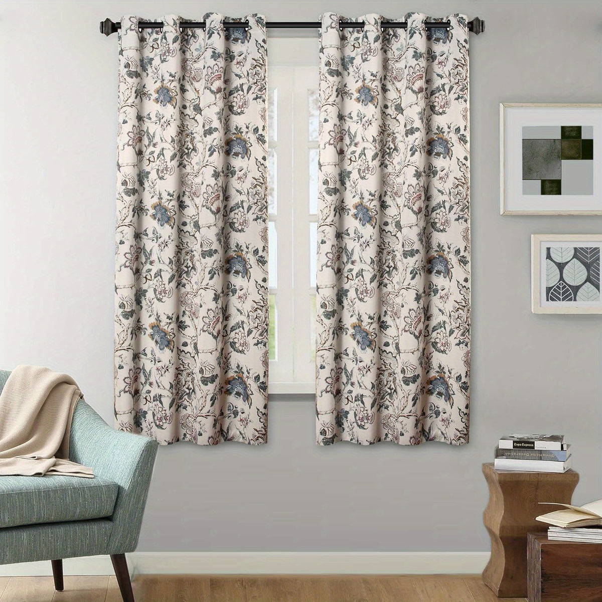Floral on blue and grey curtain pattern