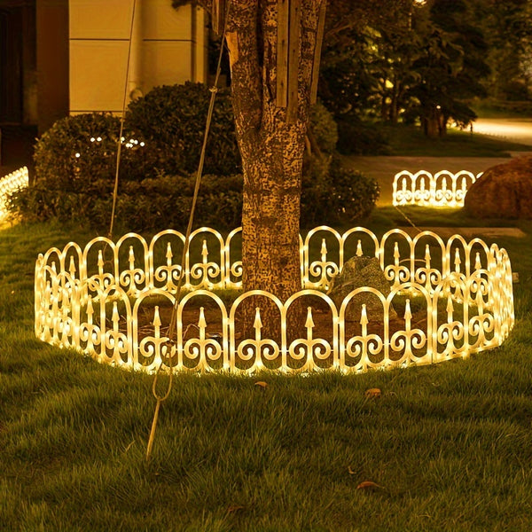 8-pack solar LED fence lights along an outdoor fence