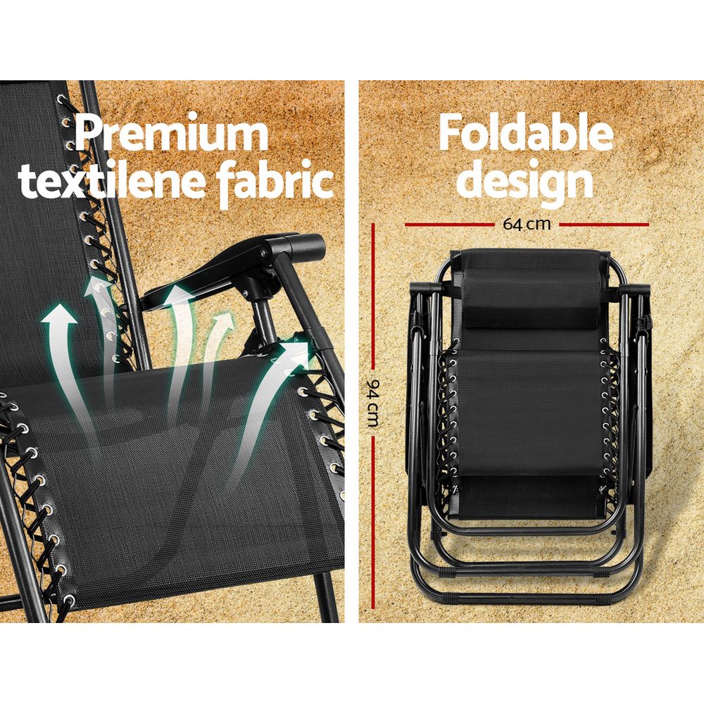 Zero Gravity Chair Folding Outdoor Recliner Adjustable Sun Lounge Camping Black - Direct On Sale