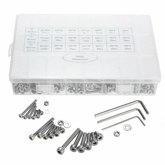 1080pcs M2/M3/M4 Stainless Steel Bolts Nuts Screws Hex Head Assorted Kit Set - Direct On Sale