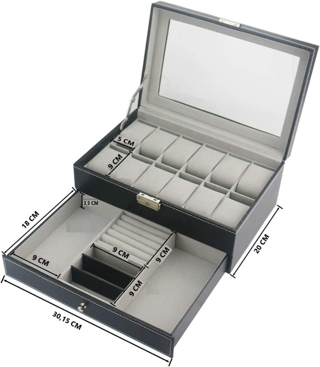 12 Slot PU Leather Lockable Watch and Jewelry Storage Boxes (Black) - Direct On Sale
