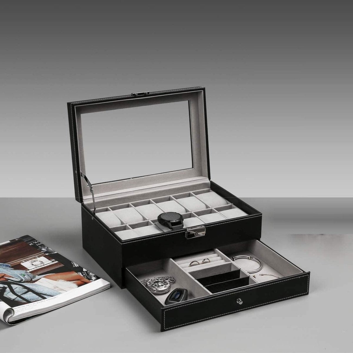 12 Slot PU Leather Lockable Watch and Jewelry Storage Boxes (Black) - Direct On Sale