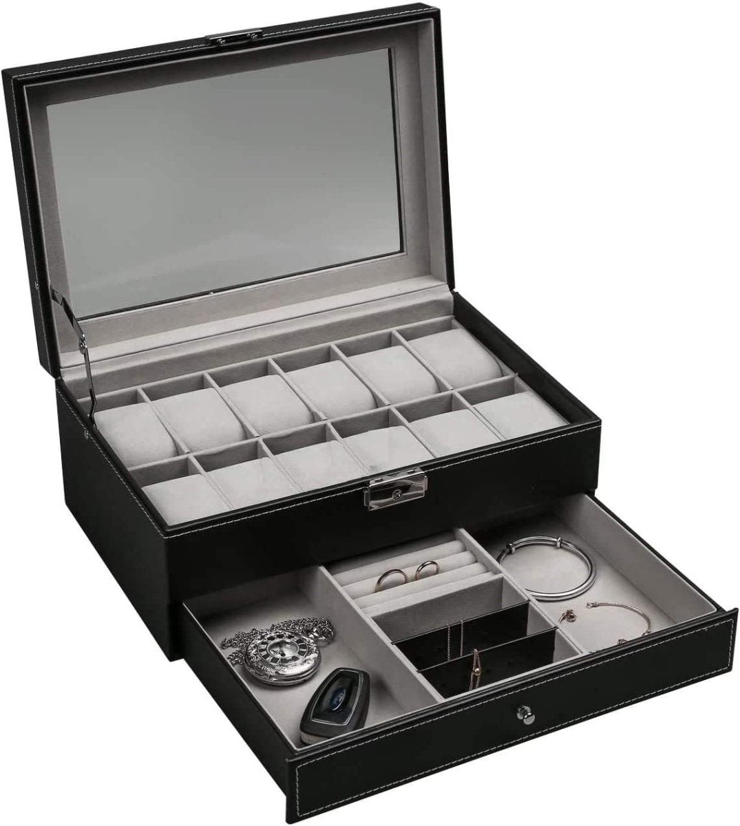 12 Slot PU Leather Lockable Watch and Jewelry Storage Boxes (Black) - Direct On Sale