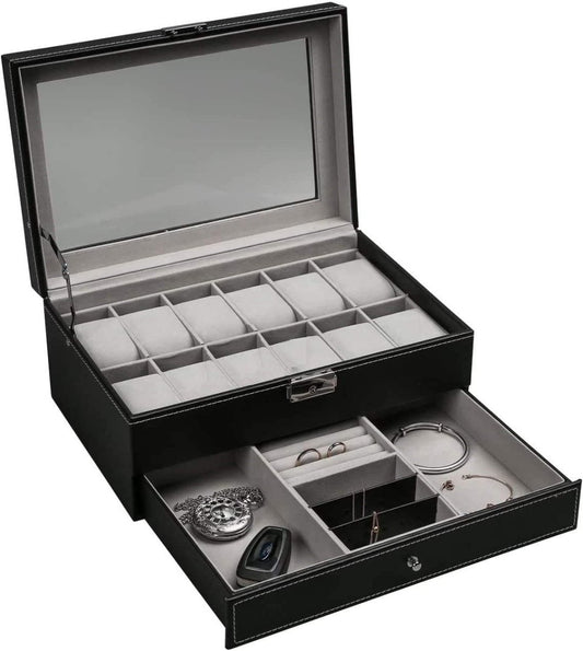 12 Slot PU Leather Lockable Watch and Jewelry Storage Boxes (Black) - Direct On Sale