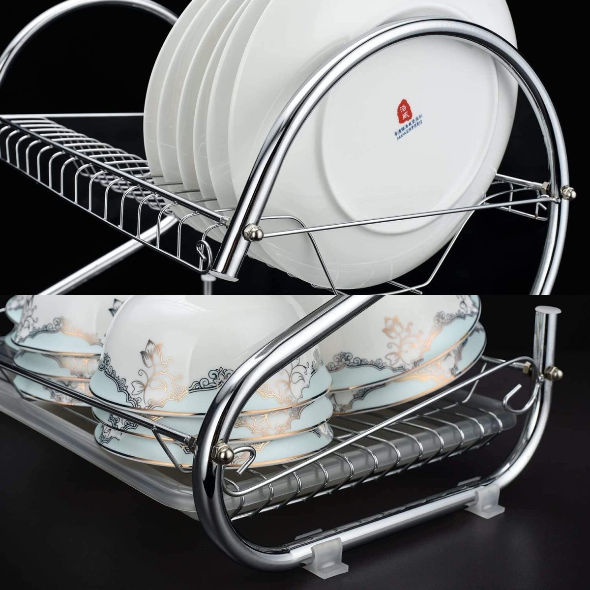 2 Tier Dish Rack with Drain Board for Kitchen Counter and Plated Chrome Dish Dryer - Direct On Sale