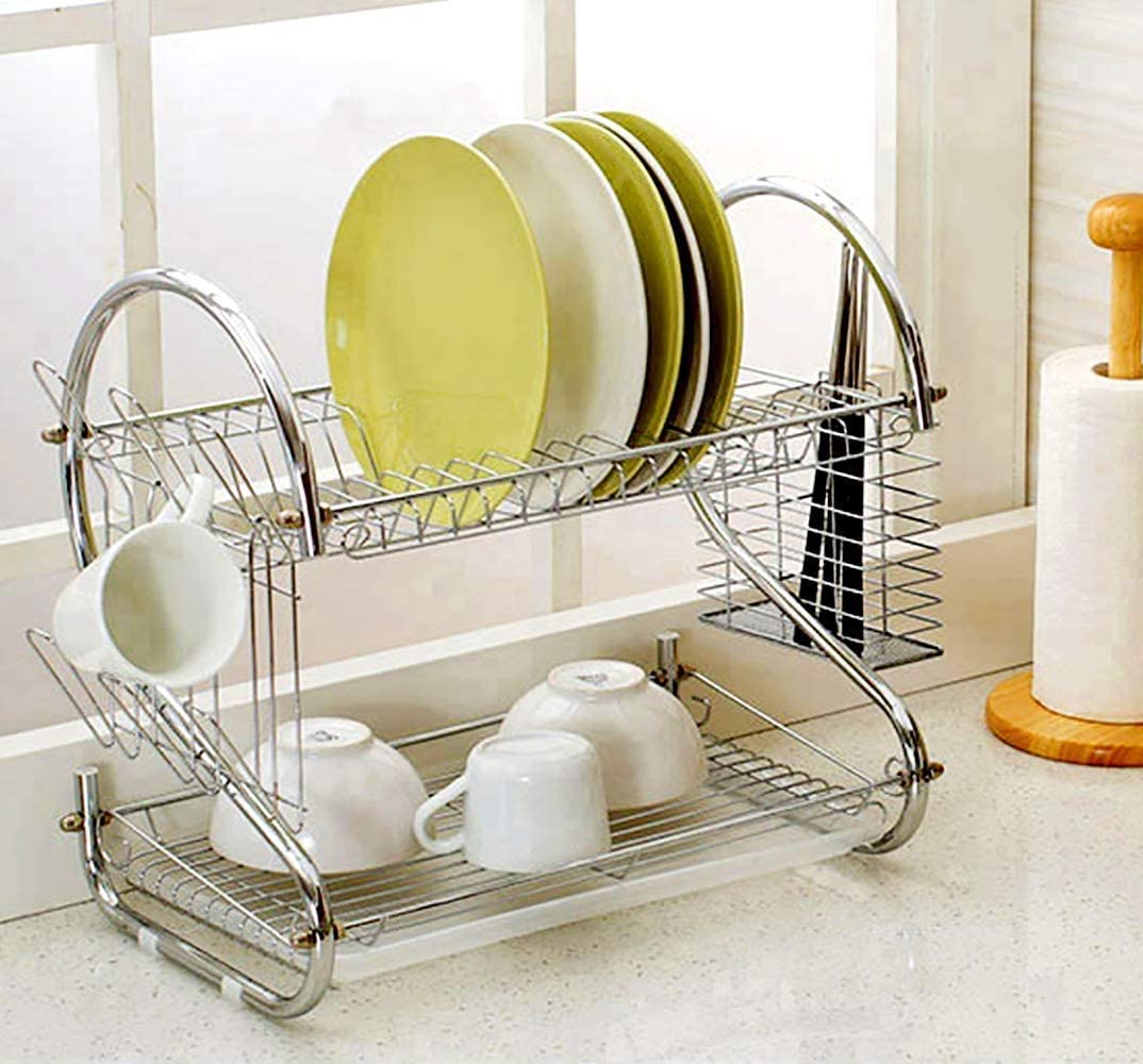 2 Tier Dish Rack with Drain Board for Kitchen Counter and Plated Chrome Dish Dryer - Direct On Sale