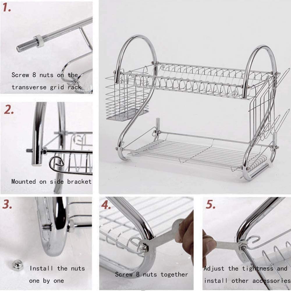 2 Tier Dish Rack with Drain Board for Kitchen Counter and Plated Chrome Dish Dryer - Direct On Sale