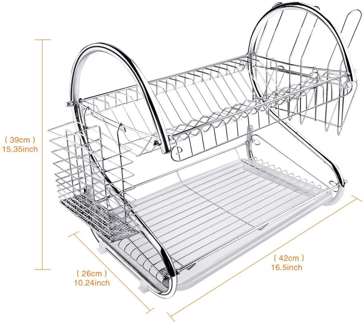 2 Tier Dish Rack with Drain Board for Kitchen Counter and Plated Chrome Dish Dryer - Direct On Sale
