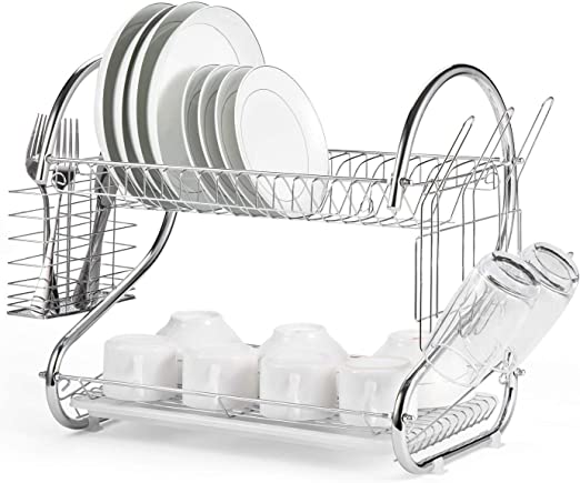 2 Tier Dish Rack with Drain Board for Kitchen Counter and Plated Chrome Dish Dryer - Direct On Sale
