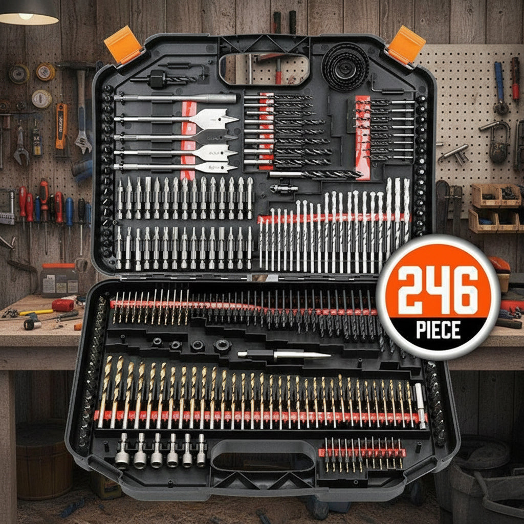 246-piece drill bit set in a black case with visible drill bits on an orange and black background.