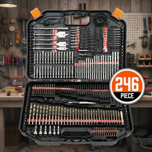 246-piece drill bit set in a black case with visible drill bits on an orange and black background.