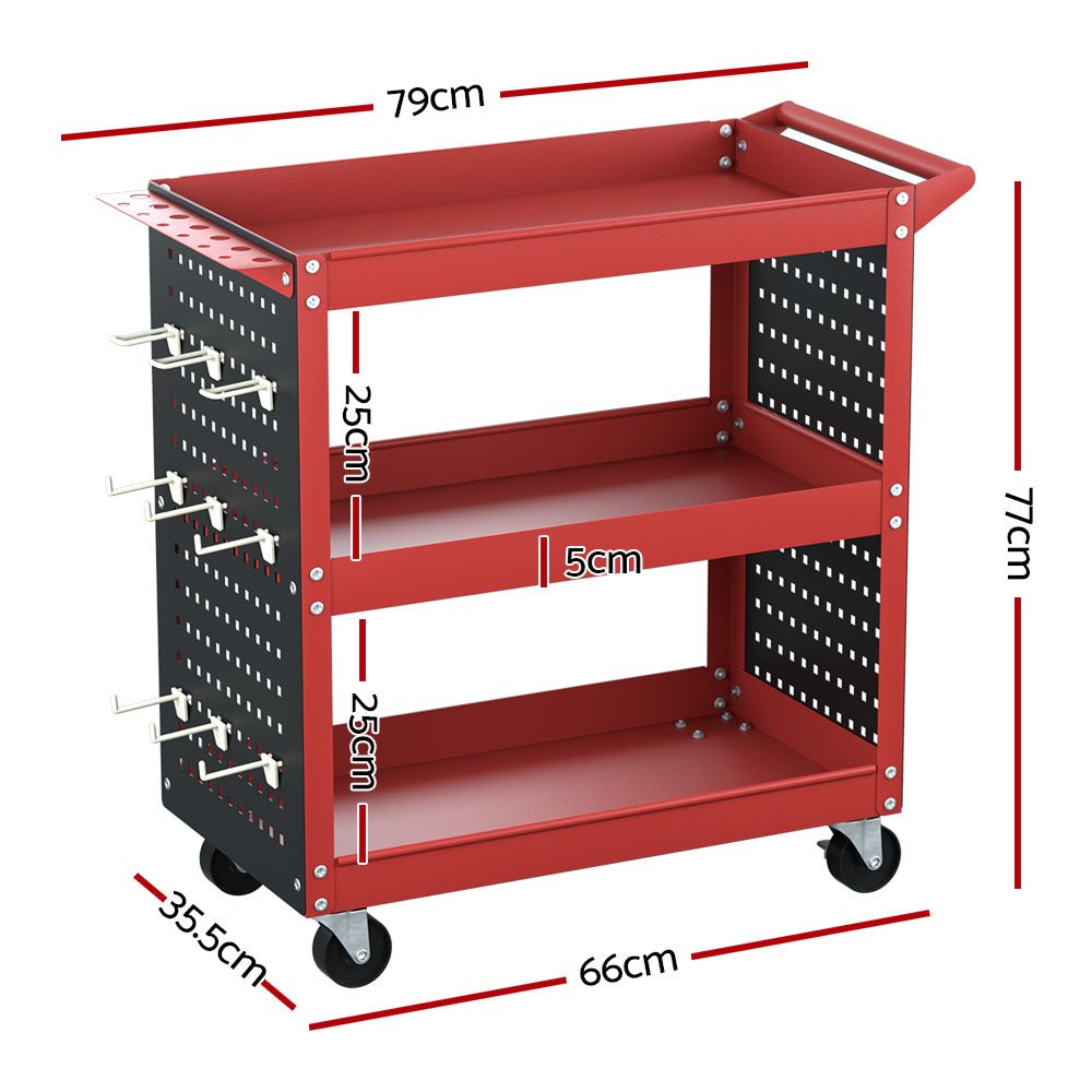 3 - Tier Tool Cart Storage Trolley Workshop Garage Pegboard Hooks Red - Direct On Sale
