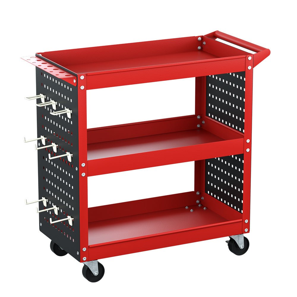 3 - Tier Tool Cart Storage Trolley Workshop Garage Pegboard Hooks Red - Direct On Sale