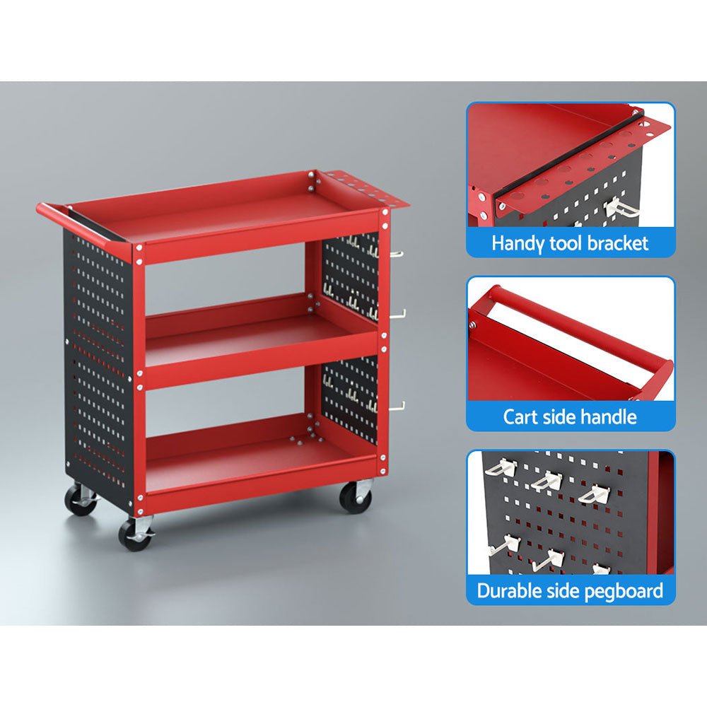 3 - Tier Tool Cart Storage Trolley Workshop Garage Pegboard Hooks Red - Direct On Sale