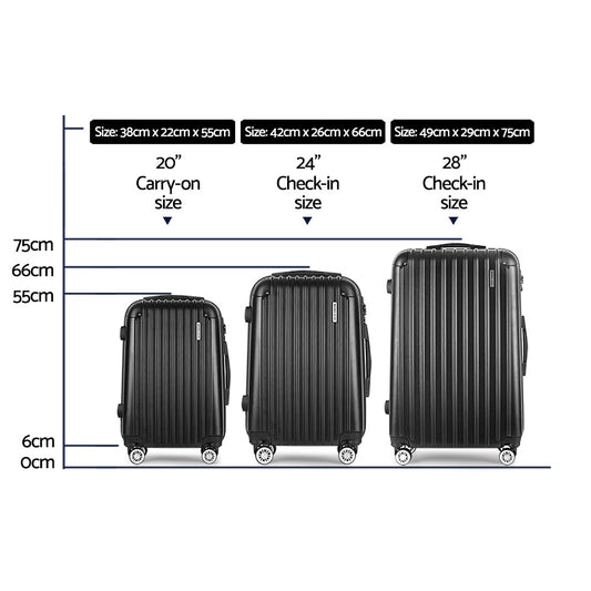 3pcs Luggage Set Travel Suitcase Storage Organiser TSA lock Black - Direct On Sale