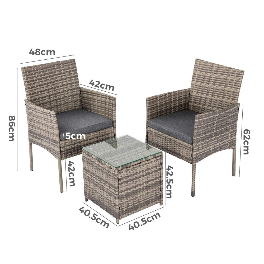 3Pcs PE Rattan Outdoor Furniture Chair Set - Mixed Grey - Direct On Sale