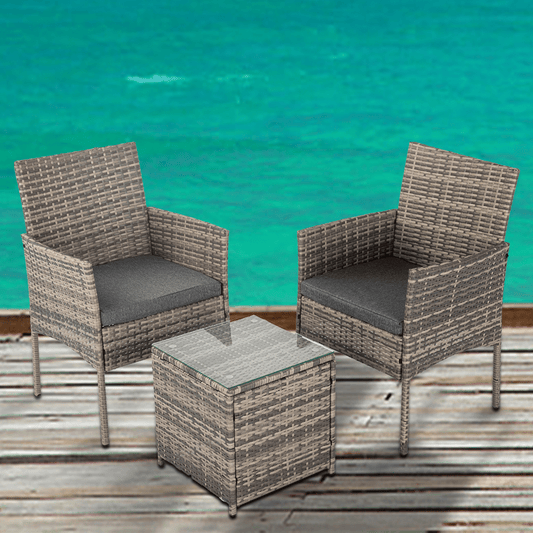 3Pcs PE Rattan Outdoor Furniture Chair Set - Mixed Grey - Direct On Sale