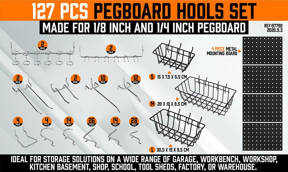 4x Peg Boards & 127Pc Pegboard Hooks Set - Direct On Sale