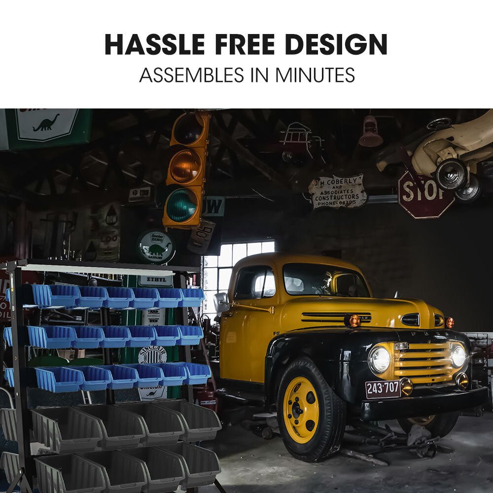 52 Parts Bin Rack Storage System Mobile Double - Sided Industrial Shelving - Blue - Direct On Sale