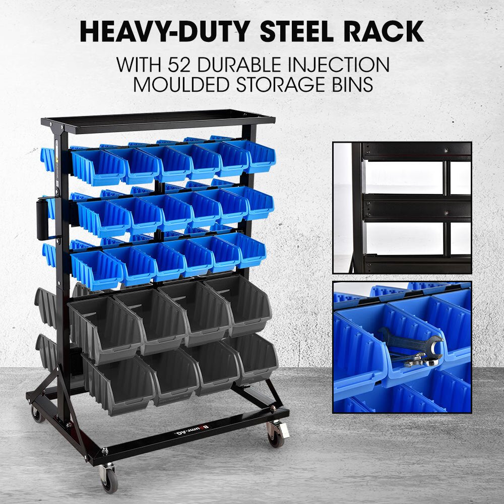 52 Parts Bin Rack Storage System Mobile Double - Sided Industrial Shelving - Blue - Direct On Sale
