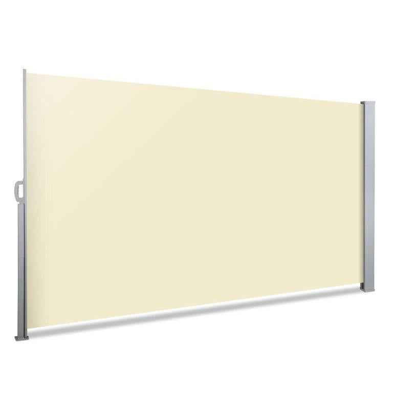Beige side awning blind providing privacy between spaces