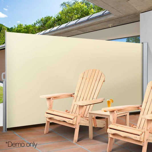 Beige retractable side awning extended on a patio