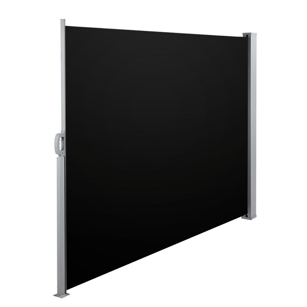 Black side awning blocking low sun and wind