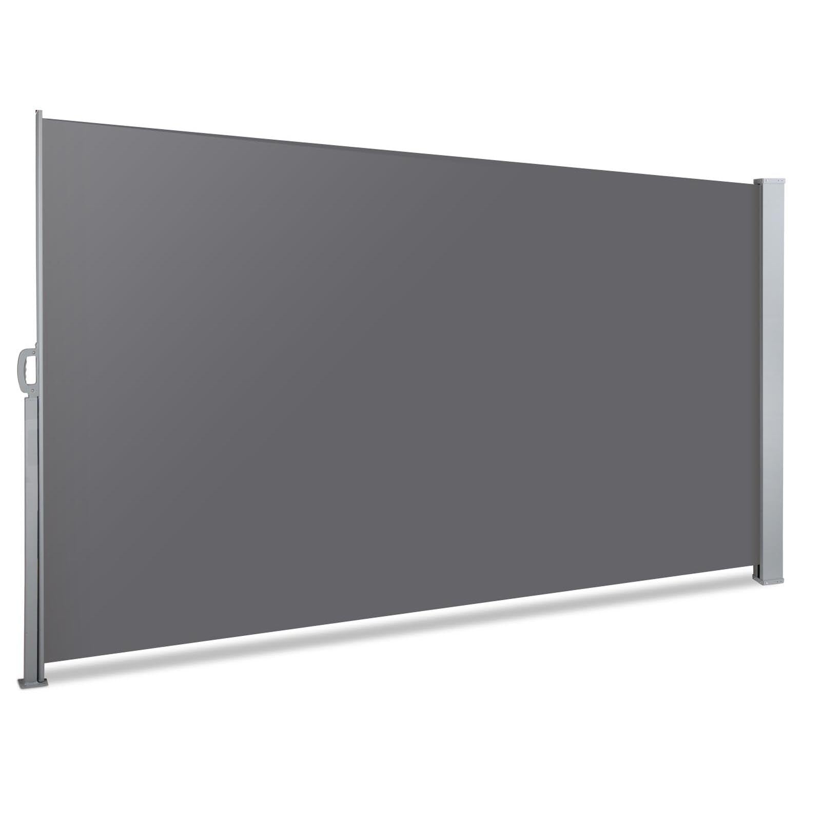Grey retractable side awning sunshade on a deck
