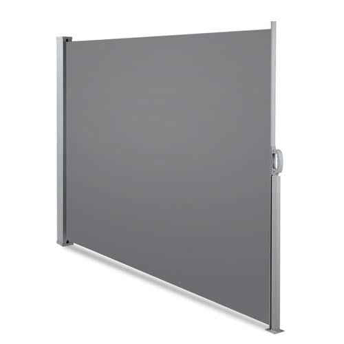 Grey side awning providing shade and privacy outdoors