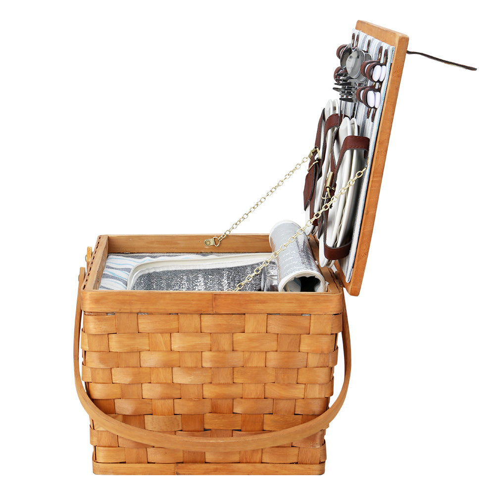 Alfresco Picnic Basket Set Wooden Cooler Bag 4 Person Outdoor Insulate