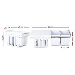 Twin Pull Out Kitchen Bins 15L with Double Dual Sliding Design Easy to Install Waste Basket - White