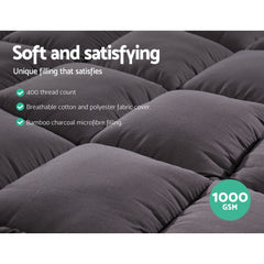 Bamboo Charcoal Pillowtop Mattress Topper 1000GSM with Protector Cover