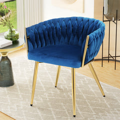 Velvet Upholstered Woven Back Armrest Blue Dining Chair
