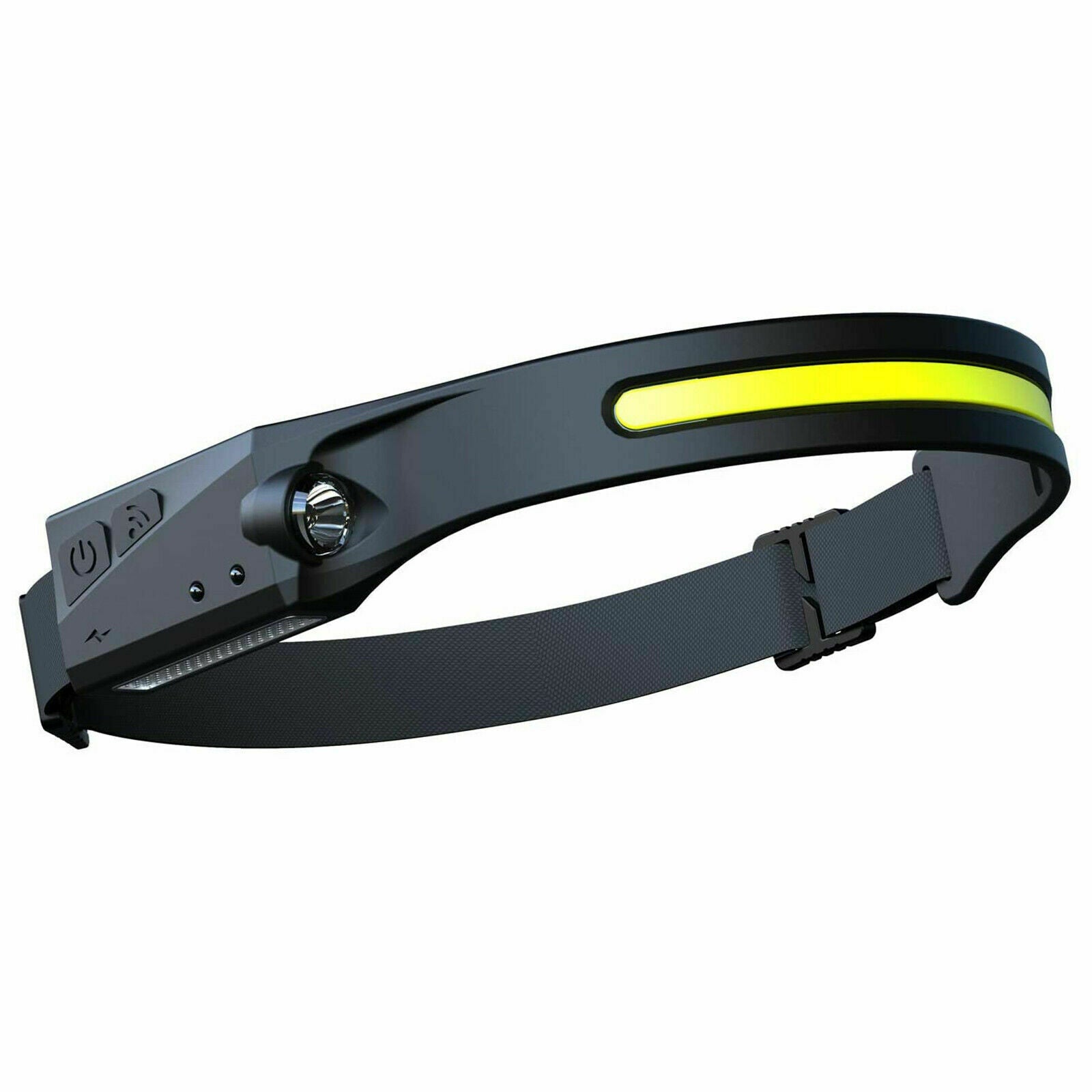 A black USB rechargeable headlamp with an LED light strip on the front and a motion sensor switch.